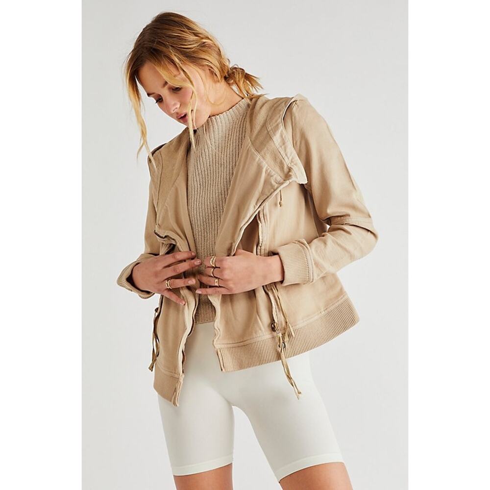Free People Carmen Moto Jacket Calm Sand XS NWT $168 Hooded Cotton